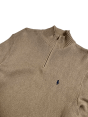 Bézs kötött pulóver fél cipzárral, magas nyakkal, hímzett logóval, vintage streetwear