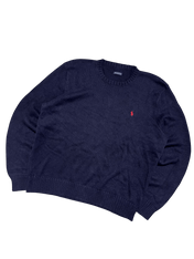 Sötétkék vintage streetwear pulóver, piros hímzett logóval a mellkason.