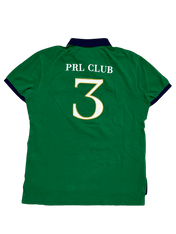 Zöld vintage stílusú rövid ujjú póló, hátán PRL CLUB és nagy 3-as számmal, streetwear divat