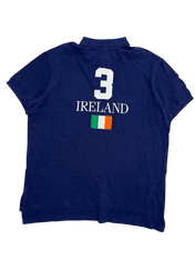 Sötétkék vintage póló, hátán 3-as szám, Ireland felirat és ír zászló, streetwear stílus