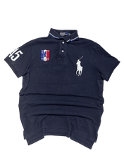 Sötétkék vintage polo póló, hímzett lovaspóló logóval, Franciaország felirattal, 45-ös számmal az ujján.