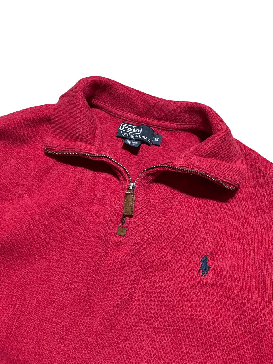 Piros, hosszú ujjú, cipzáras nyakú Ralph Lauren pulóver, hímzett logóval