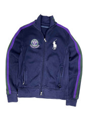 Sötétkék vintage Ralph Lauren streetwear dzseki, sportos zöld-lila csíkokkal, cipzáros fazonban.