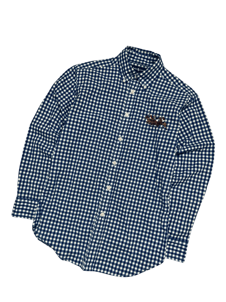 Kék-fehér kockás vintage férfi ing, hímzett mellzseb díszítéssel, streetwear stílus