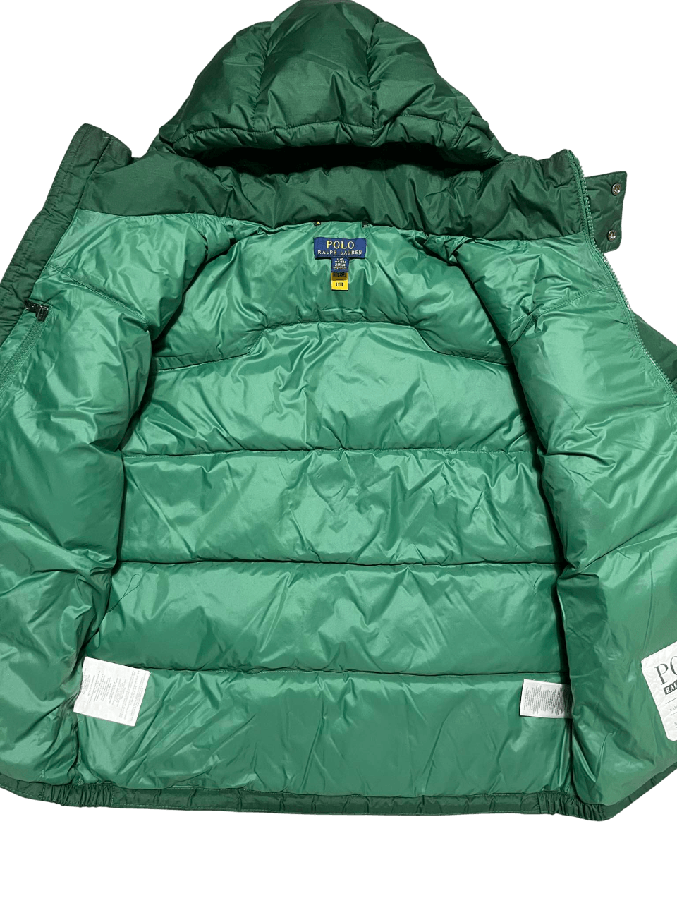Zöld, vintage stílusú pufi dzseki kapucnival, Polo Ralph Lauren címkével