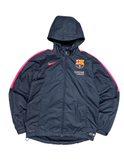 Férfi FC Barcelona sötétkék kapucnis Nike streetwear dzseki rózsaszín csíkkal, vintage stílusú.