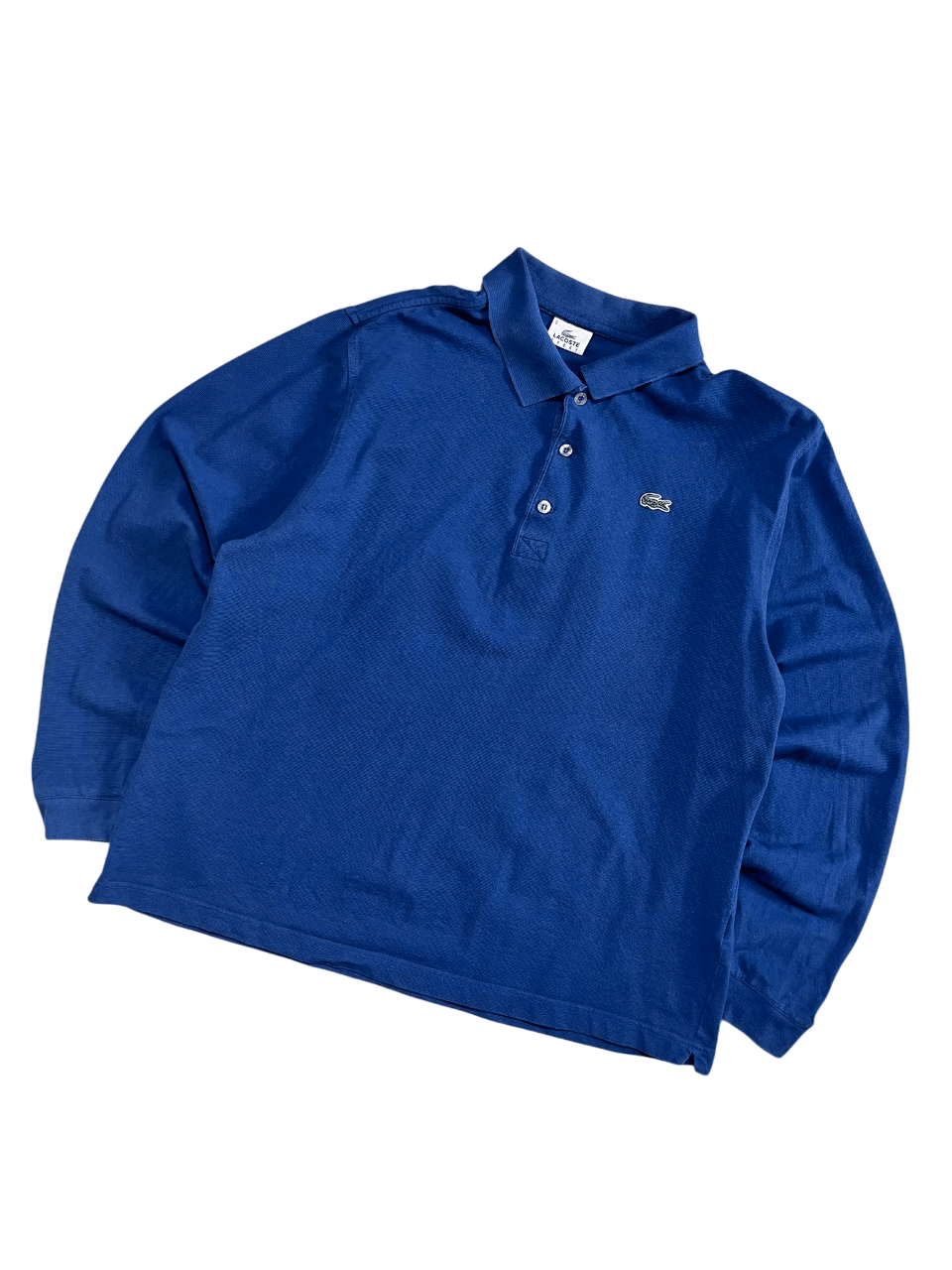 Kék hosszú ujjú Lacoste galléros póló, vintage stílus, hímzett krokodil logóval.