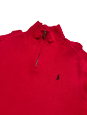 Piros, cipzáros gallérú pulóver vintage streetwear stílusban, lovas hímzéssel