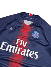 PSG sötétkék, piros mintás vintage focimez Nike logóval, Paris Saint-Germain címerrel.