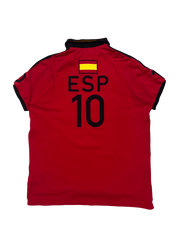 Piros vintage ESP 10 focimez, spanyol zászlóval, fekete szegéllyel