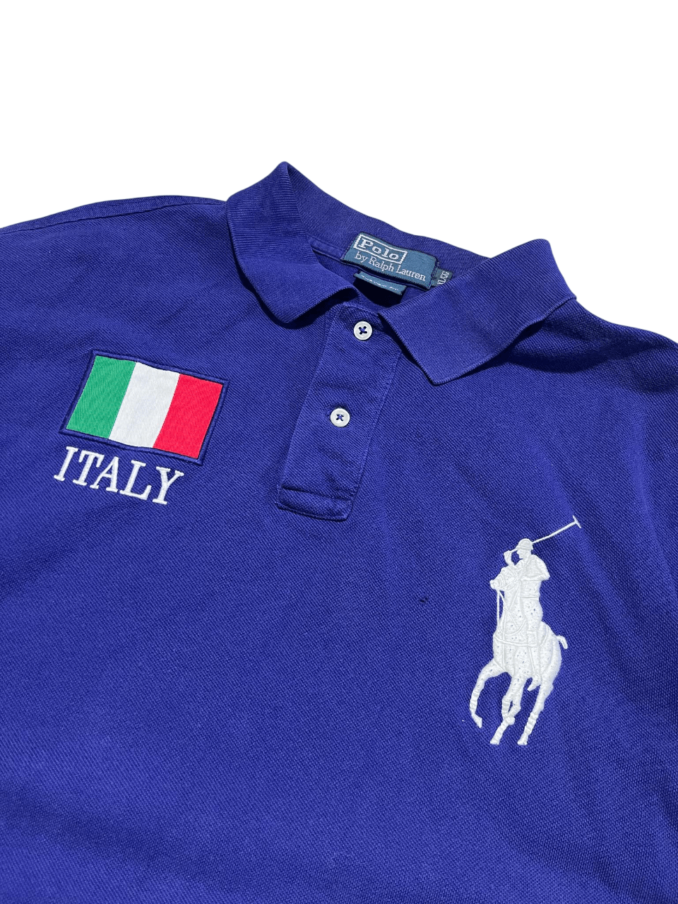 Kék vintage Ralph Lauren póló gallérral, olasz zászló és Italy felirattal, nagy logóval.
