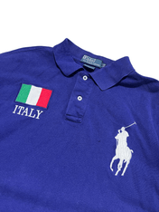 Kék vintage Ralph Lauren póló gallérral, olasz zászló és Italy felirattal, nagy logóval.