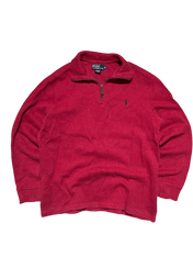 Bordó vintage félcipzáras pulóver, galléros, streetwear stílus, Ralph Lauren logóval.