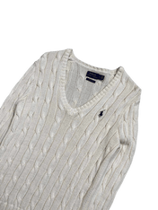 Krém színű kötött, V-nyakú vintage pulóver Ralph Lauren logóval, streetwear stílusban
