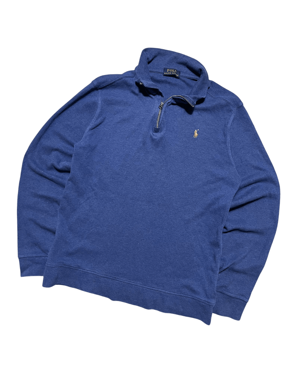 Kék vintage félcipzáras pulóver, gallérral, hímzett logóval, streetwear stílusban