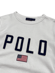 Fehér Polo Ralph Lauren pulóver, hímzett POLO felirattal és amerikai zászlóval, streetwear stílus