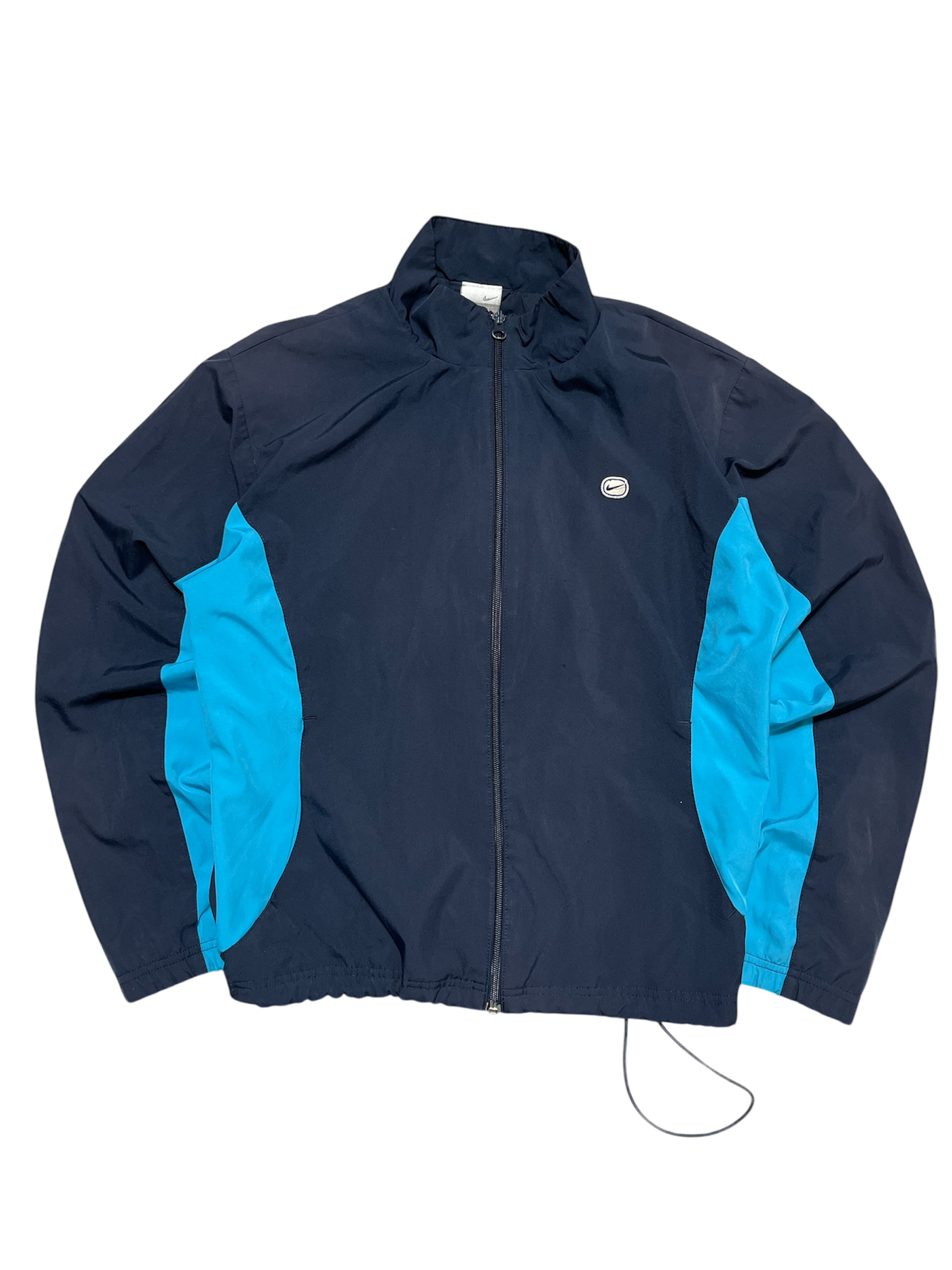 Sötétkék és világoskék vintage Nike streetwear dzseki, cipzárral és logóval.