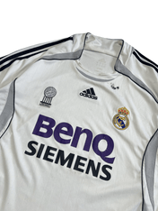 Fehér vintage Adidas Real Madrid focimez logókkal, Benq Siemens felirattal