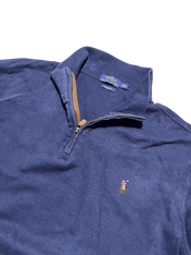 Sötétkék Ralph Lauren félcipzáros pulóver hímzett logóval, vintage streetwear stílus