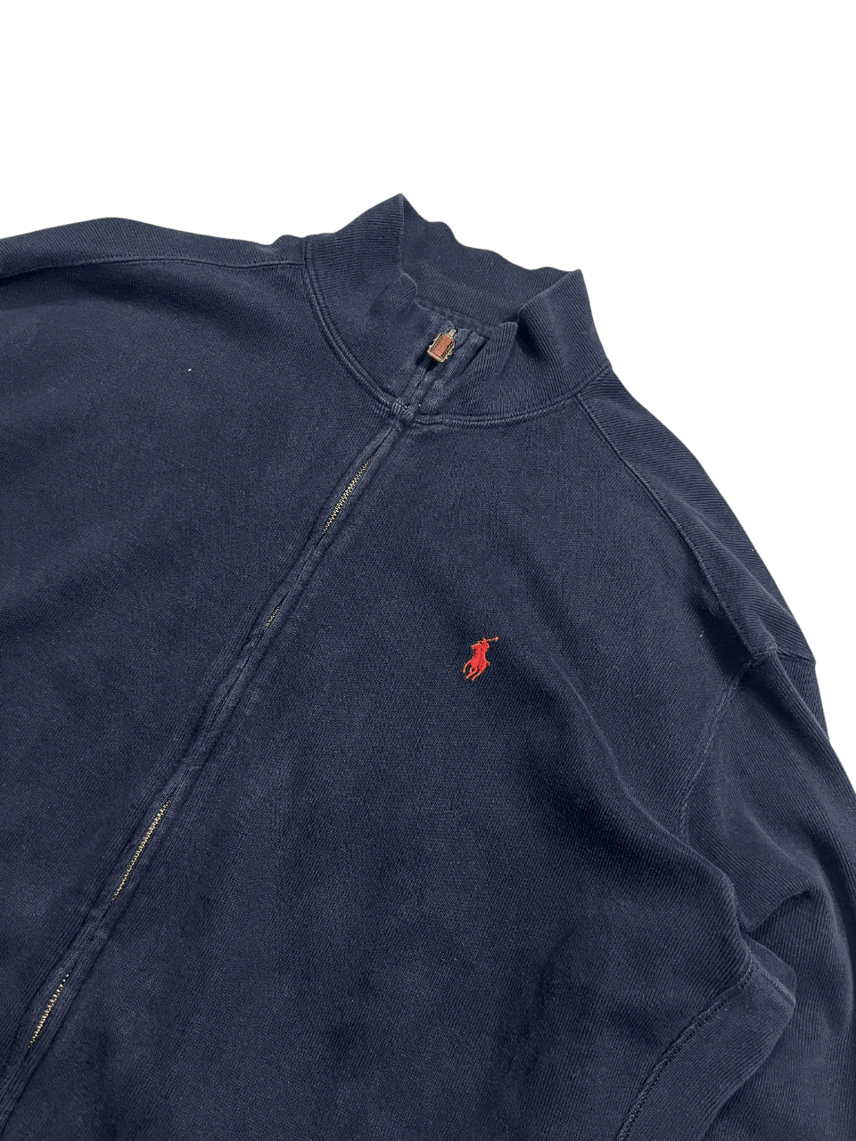 Sötétkék, cipzáros vintage streetwear pulóver piros hímzett ló logóval