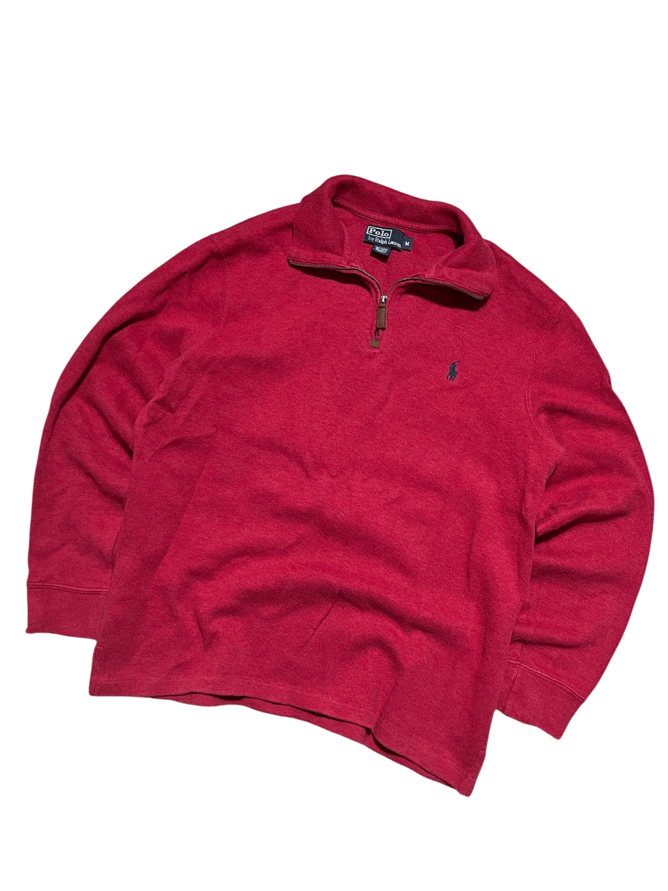Piros Ralph Lauren negyed cipzáras vintage pulóver hímzett logóval, streetwear stílus