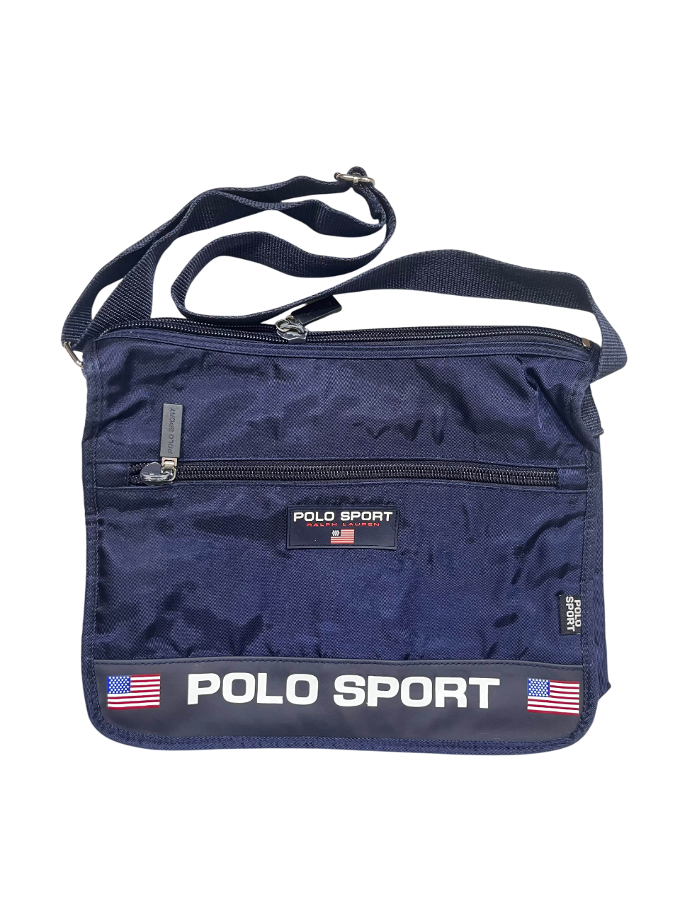 Sötétkék Polo Sport válltáska amerikai zászlóval, vintage streetwear stílusban