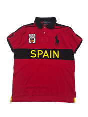 Ralph Lauren vintage piros spanyol póló, fekete gallérral és Spain felirattal, streetwear felső