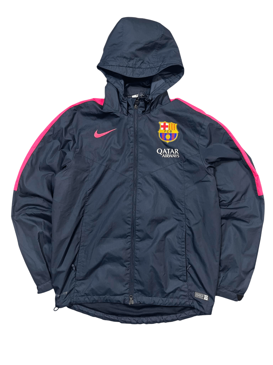 Sötétkék, kapucnis FC Barcelona Nike streetwear dzseki rózsaszín csíkkal és logóval