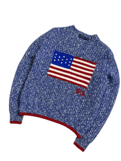 Kék kötött pulóver amerikai zászló mintával, vintage streetwear stílusban