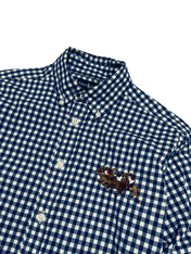 Kék-fehér kockás, hosszú ujjú vintage ing hímzett lovaspóló mintával, streetwear stílus