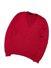 Piros kötött pulóver V-nyakkivágással, vintage streetwear stílusban.