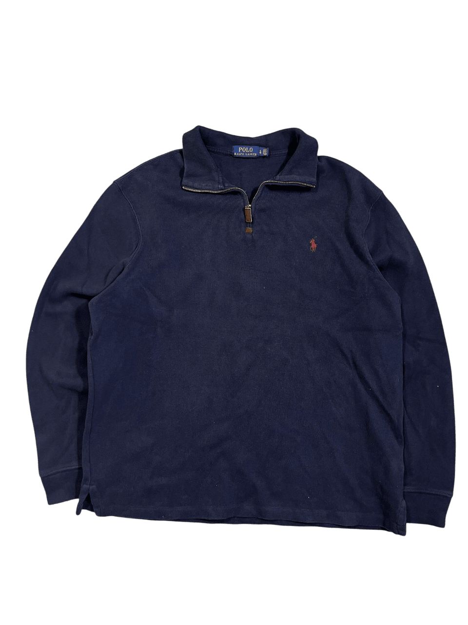 Sötétkék vintage Ralph Lauren pulóver, cipzáros gallérral, piros logóval
