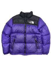 Lila és fekete The North Face pufi dzseki, cipzárral, vintage streetwear stílus
