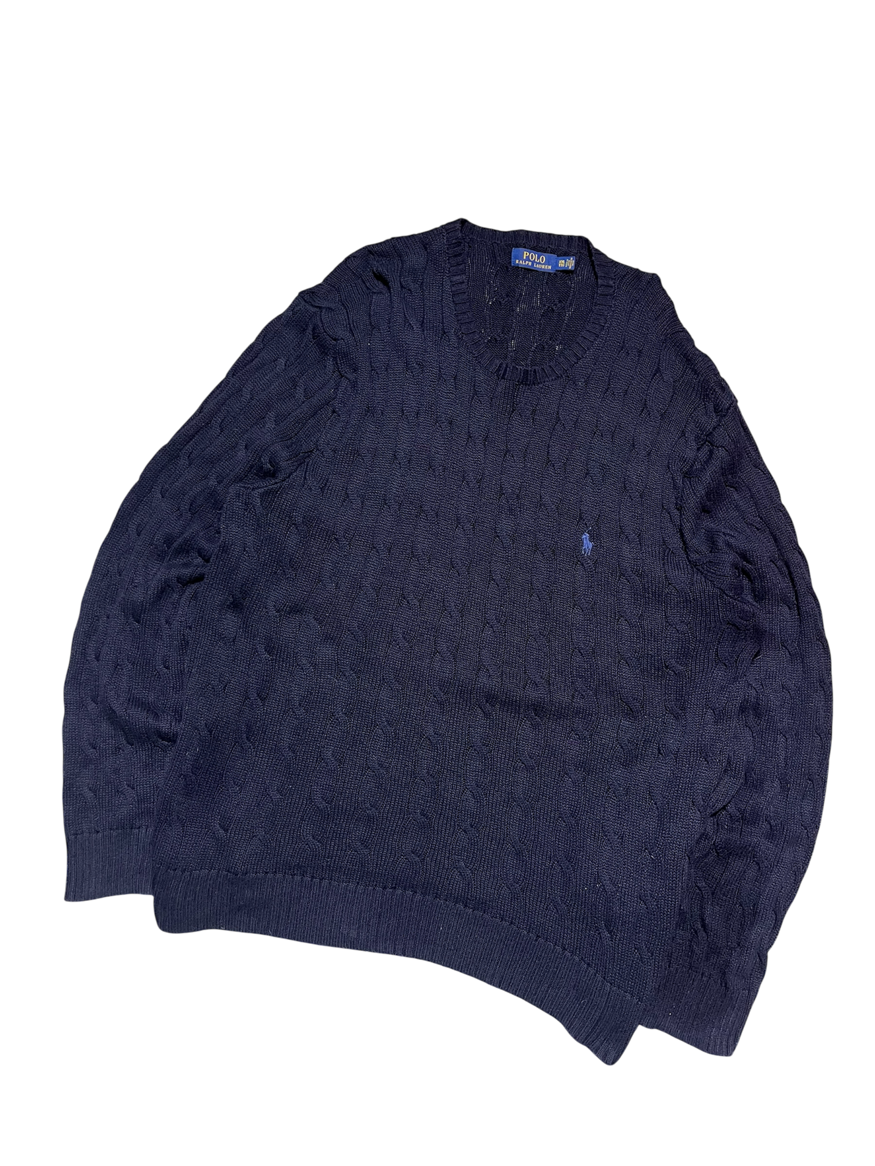 Sötétkék vintage kötött pulóver, hímzett logóval, streetwear stílusban