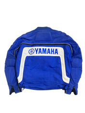 Kék vintage Yamaha motoros dzseki fehér betétekkel, streetwear stílusban