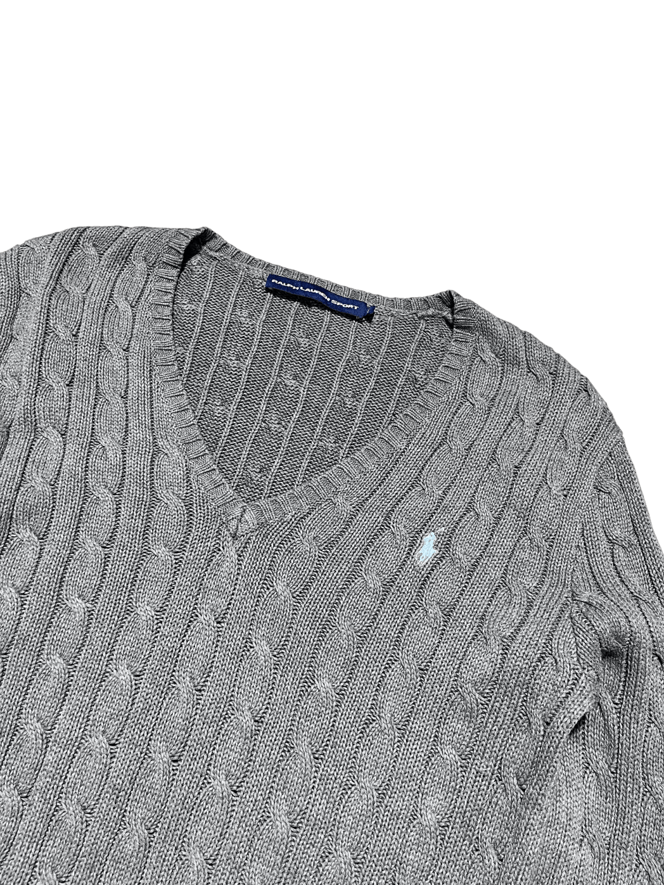 Szürke kötött vintage pulóver, V-nyakkivágással, streetwear stílusban