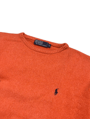Narancssárga Ralph Lauren pulóver streetwear stílusban, hímzett lovas logóval.
