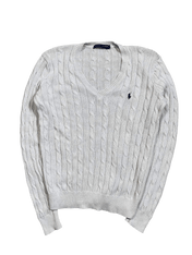 Fehér kötött Ralph Lauren pulóver V-nyakkivágással, vintage streetwear stílusban.