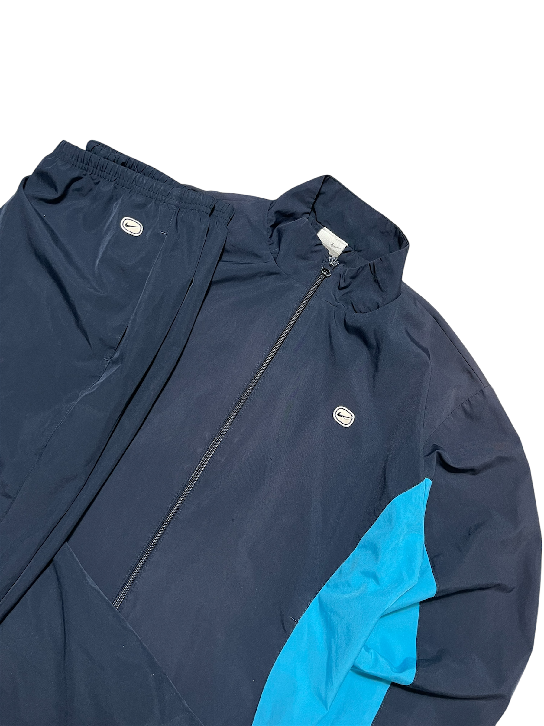 Sötétkék és világoskék vintage streetwear sport szett cipzárral, retro stílusban