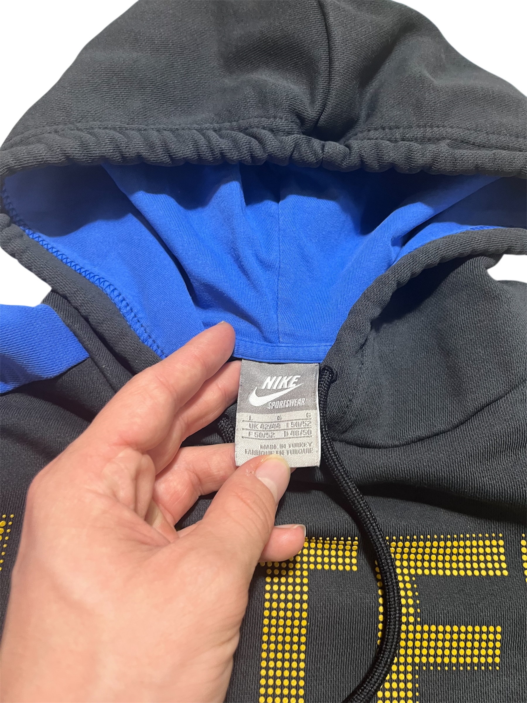 Nike sportswear kapucnis pulóver kék béléssel, címkével, streetwear divat
