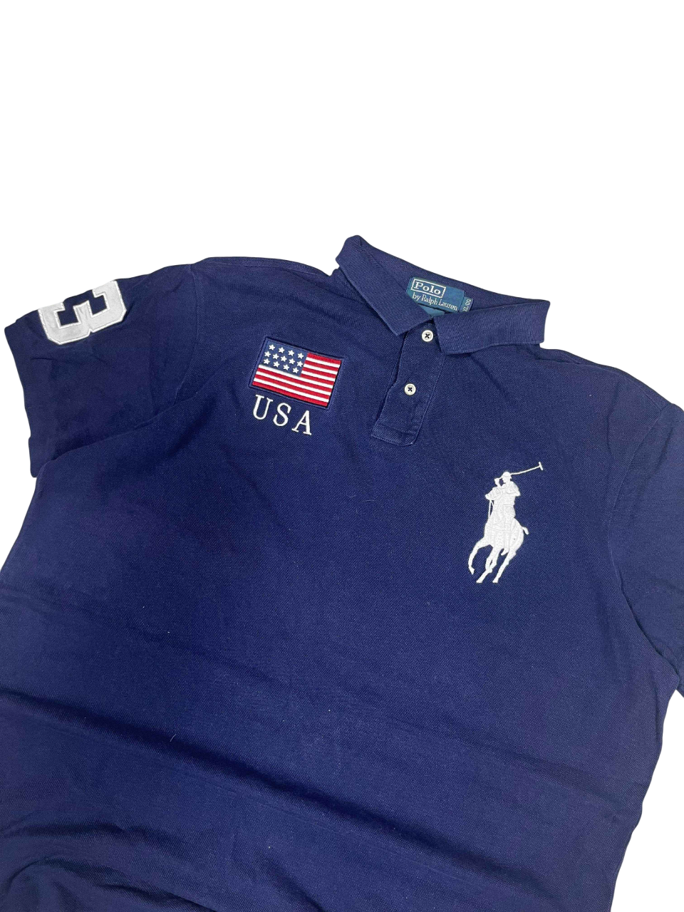 Sötétkék vintage Polo Ralph Lauren póló, USA zászlóval, galléros, hímzett logóval