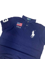 Sötétkék vintage Polo Ralph Lauren póló, USA zászlóval, galléros, hímzett logóval