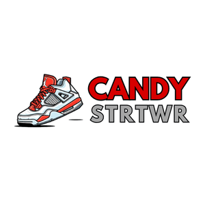 Streetwear logó piros-fehér sneakerrel, CANDY STRTWR felirattal fehér háttéren.