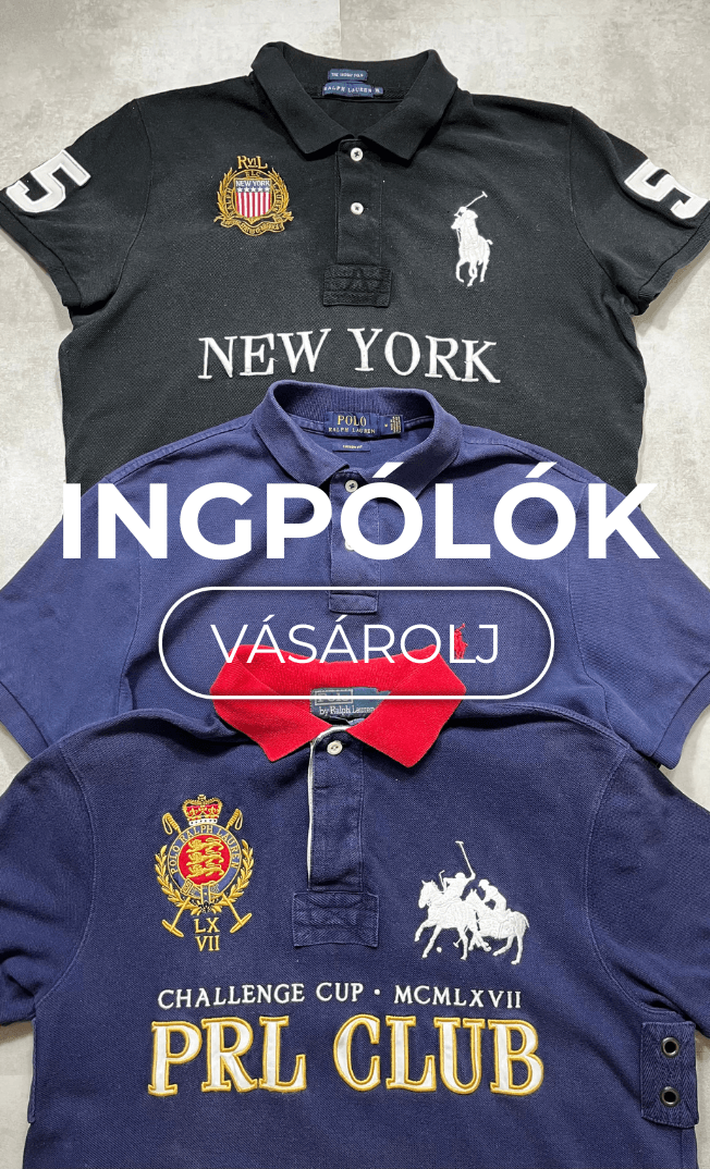 Három vintage Ralph Lauren galléros póló felirattal, retro streetwear stílusban, szürke háttéren.