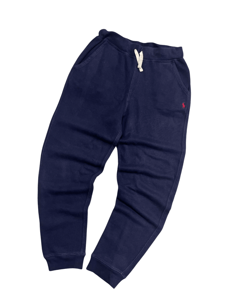 Sötétkék vintage melegítőnadrág fehér zsinórral és oldalzsebekkel, streetwear stílusban