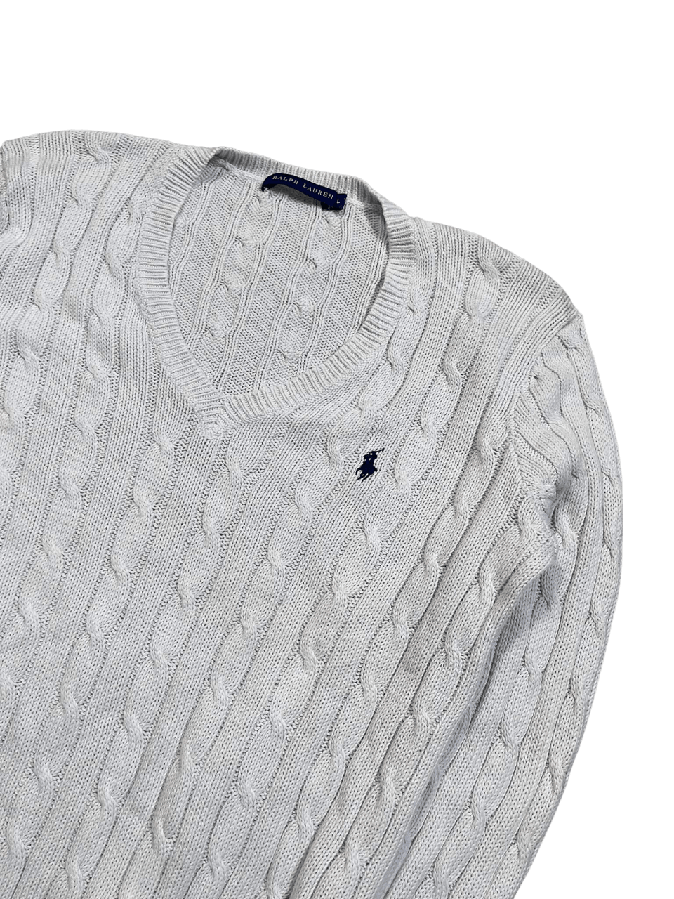 Ralph Lauren fehér kötött pulóver hímzett logóval, vintage streetwear stílus