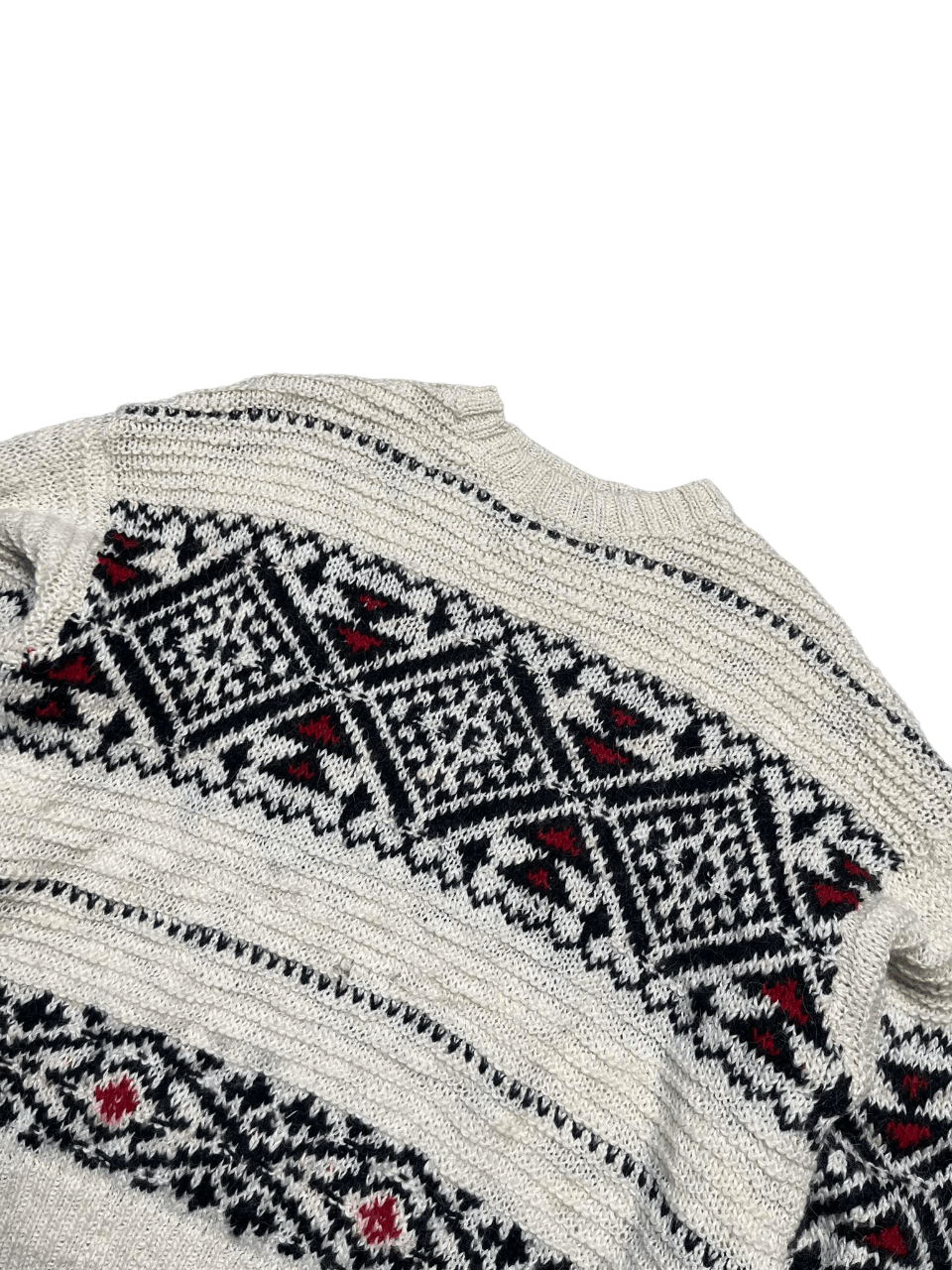 Fehér vintage kötött pulóver fekete-piros norvég mintával, streetwear stílusban