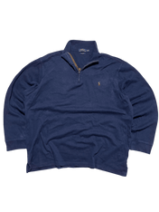 Sötétkék vintage Ralph Lauren pulóver cipzáros gallérral, klasszikus streetwear stílus