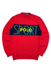 Piros vintage kötött pulóver, elöl sötétkék sávban zöld SPORT, sárga POLO felirat