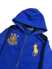Kék kapucnis Ralph Lauren streetwear pulóver arany hímzett logóval és címerrel